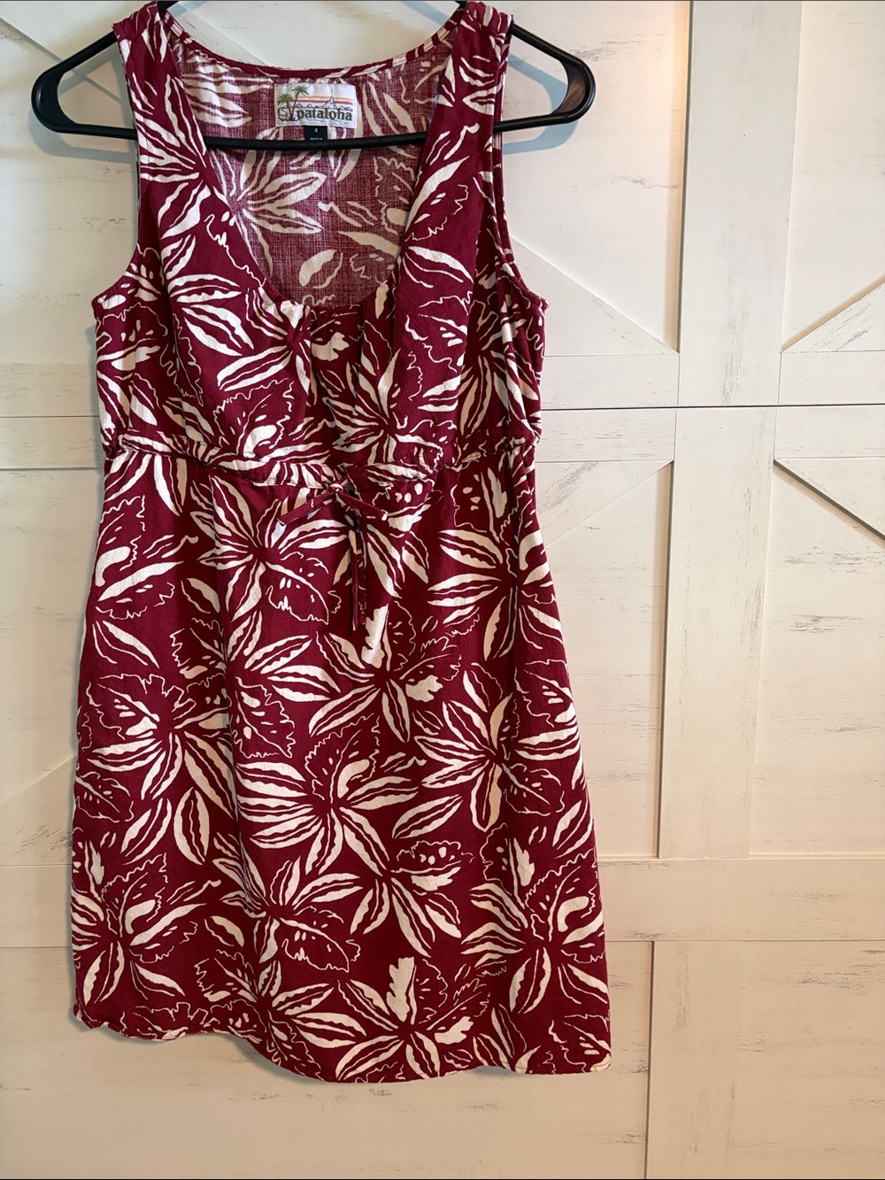 Patagonia Maroon and Cream Floral Tie-Waist Tank Dress
